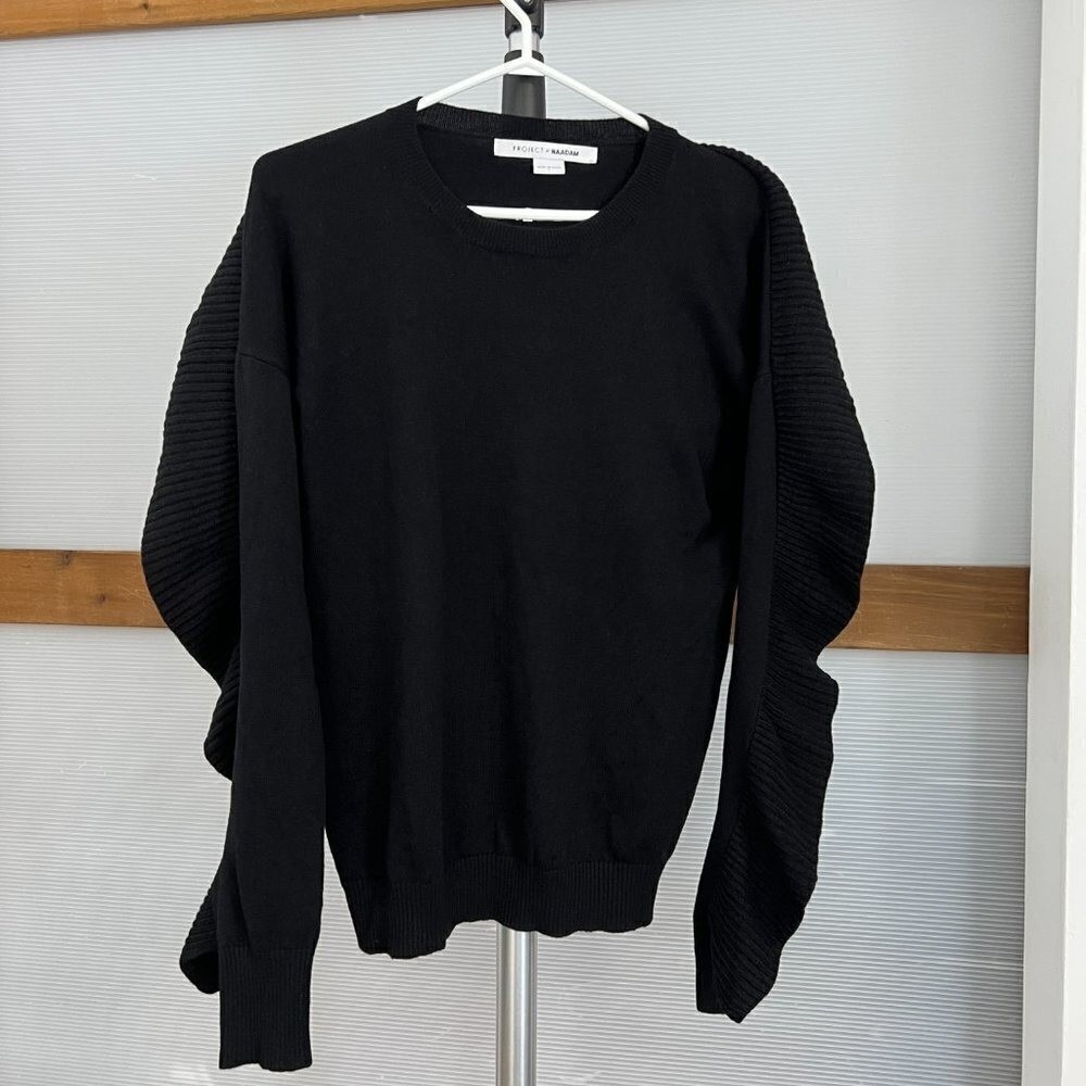 Project Naadam Anthropologie Black Merino Cashmere Ruffle Sleeve Sweater L‎